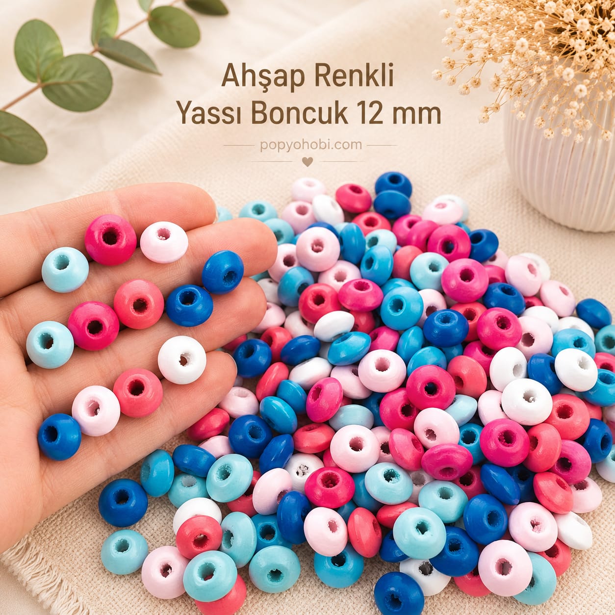 Ahşap Renkli Yassı Boncuk 12 mm(90 adet)